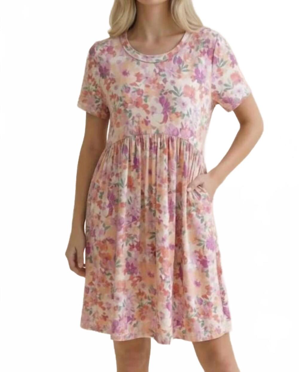 NEW HAPTICS round neck short sleeve babydoll floral dress in peach